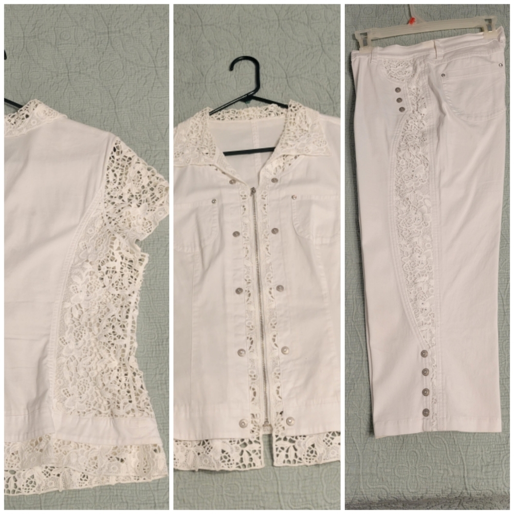 Women's 2 Pc White Stretch Denim with Lace Accent Top and Crop Pants Size 8 & L